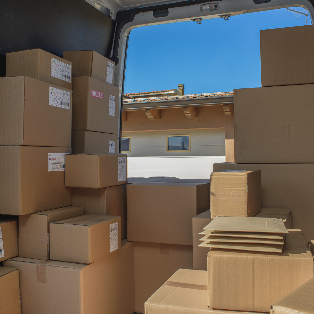 stacked packages in van